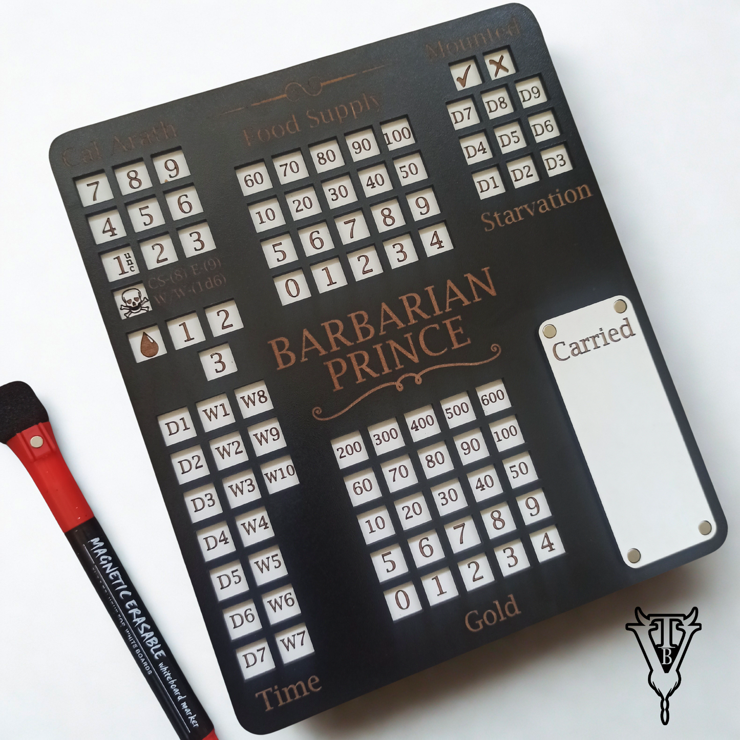 Barbarian Prince Solo RPG Hex-crawl Character Tracking Player Board close up — The Board Viking