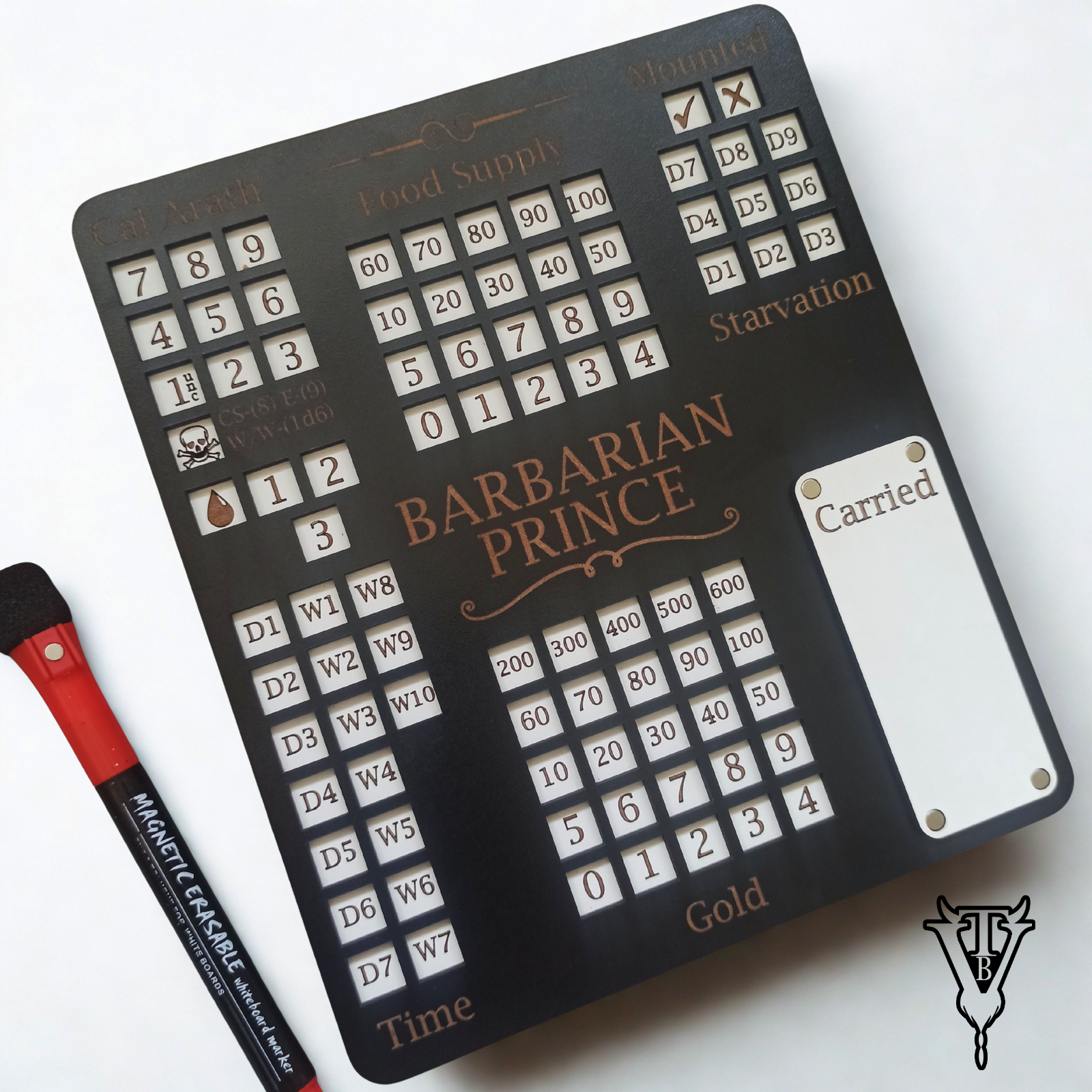 Barbarian Prince Solo RPG Hex-crawl Character Tracking Player Board close up — The Board Viking