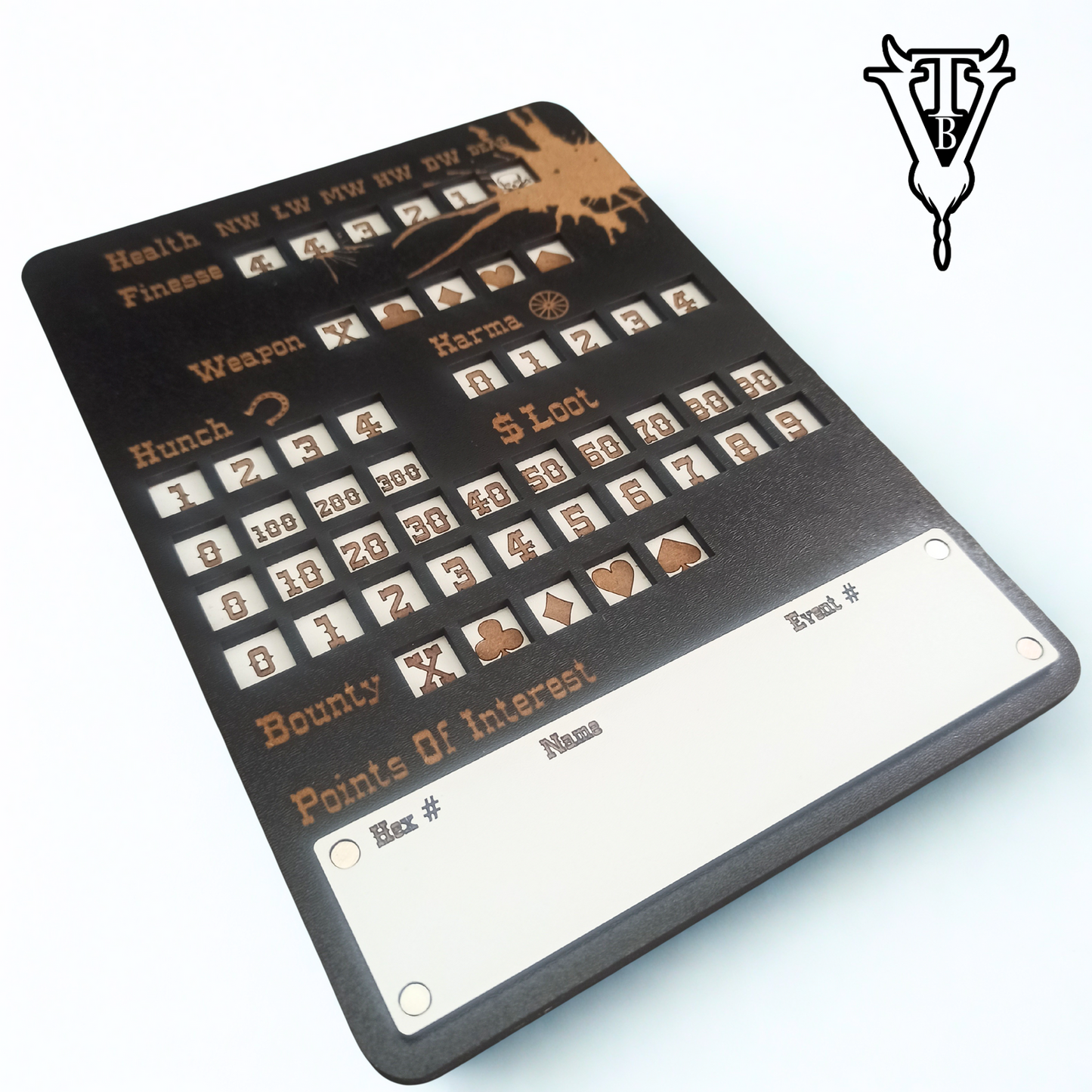 The Drifter - Solo Western RPG Hex-Crawl Character Tracker Player Board close up — The Board Viking