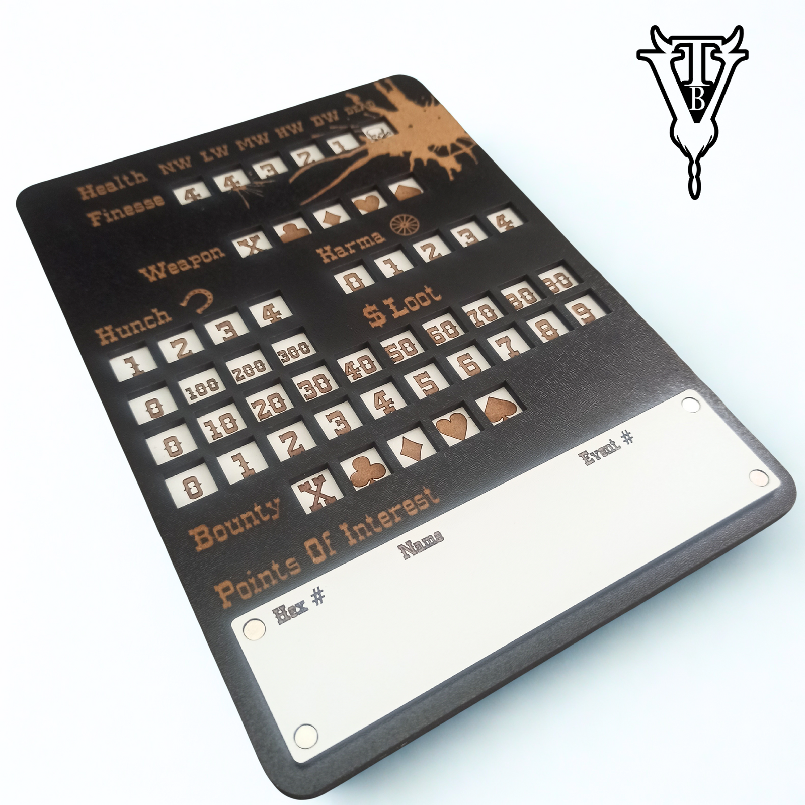 The Drifter - Solo Western RPG Hex-Crawl Character Tracker Player Board close up — The Board Viking