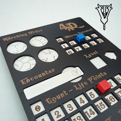 Four Against Darkness Character Player Board - Dungeon Delve Encounter Tracker close up — The Board Viking