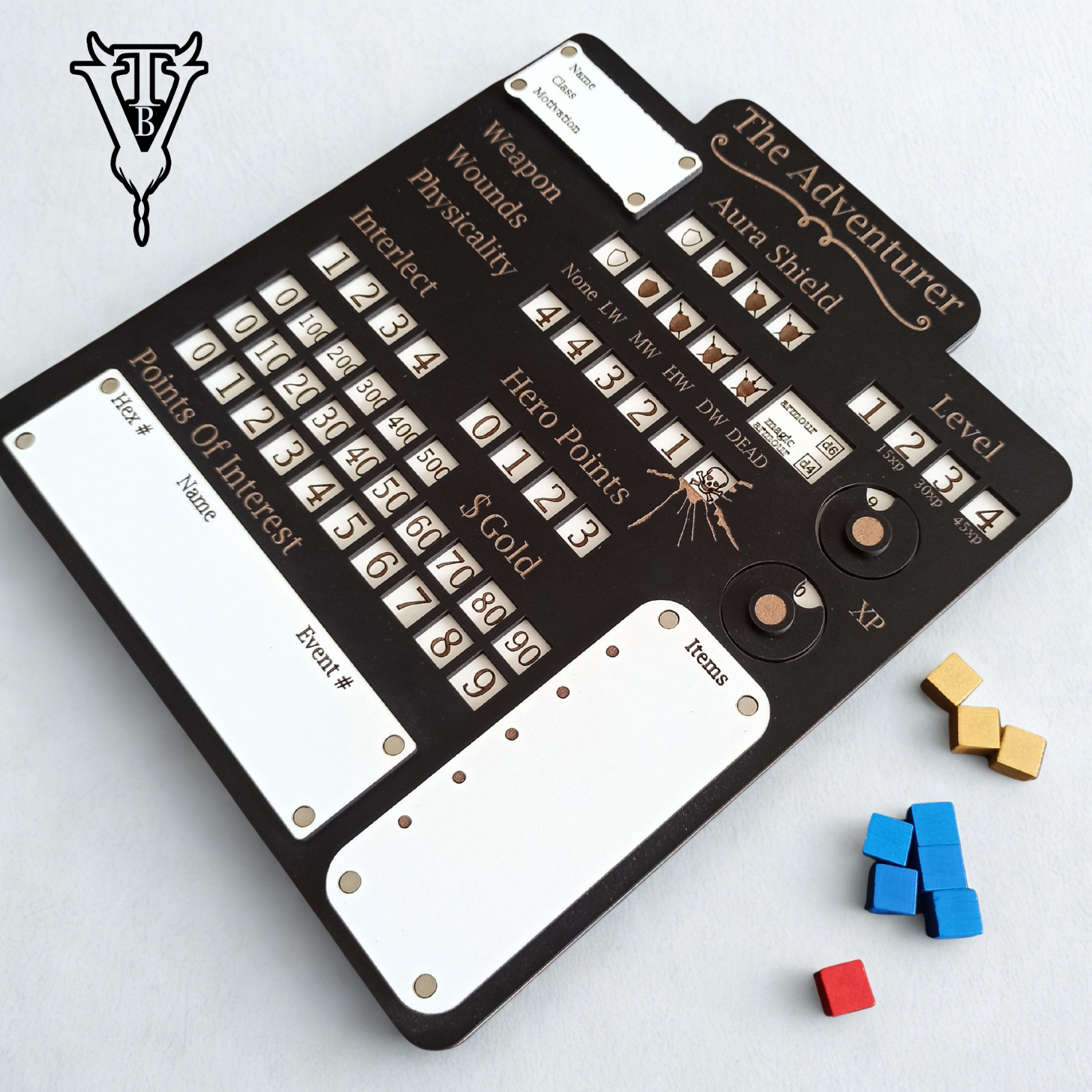 The Adventurer — Solo Hex Crawl RPG Character Player Board in use — The Board Viking