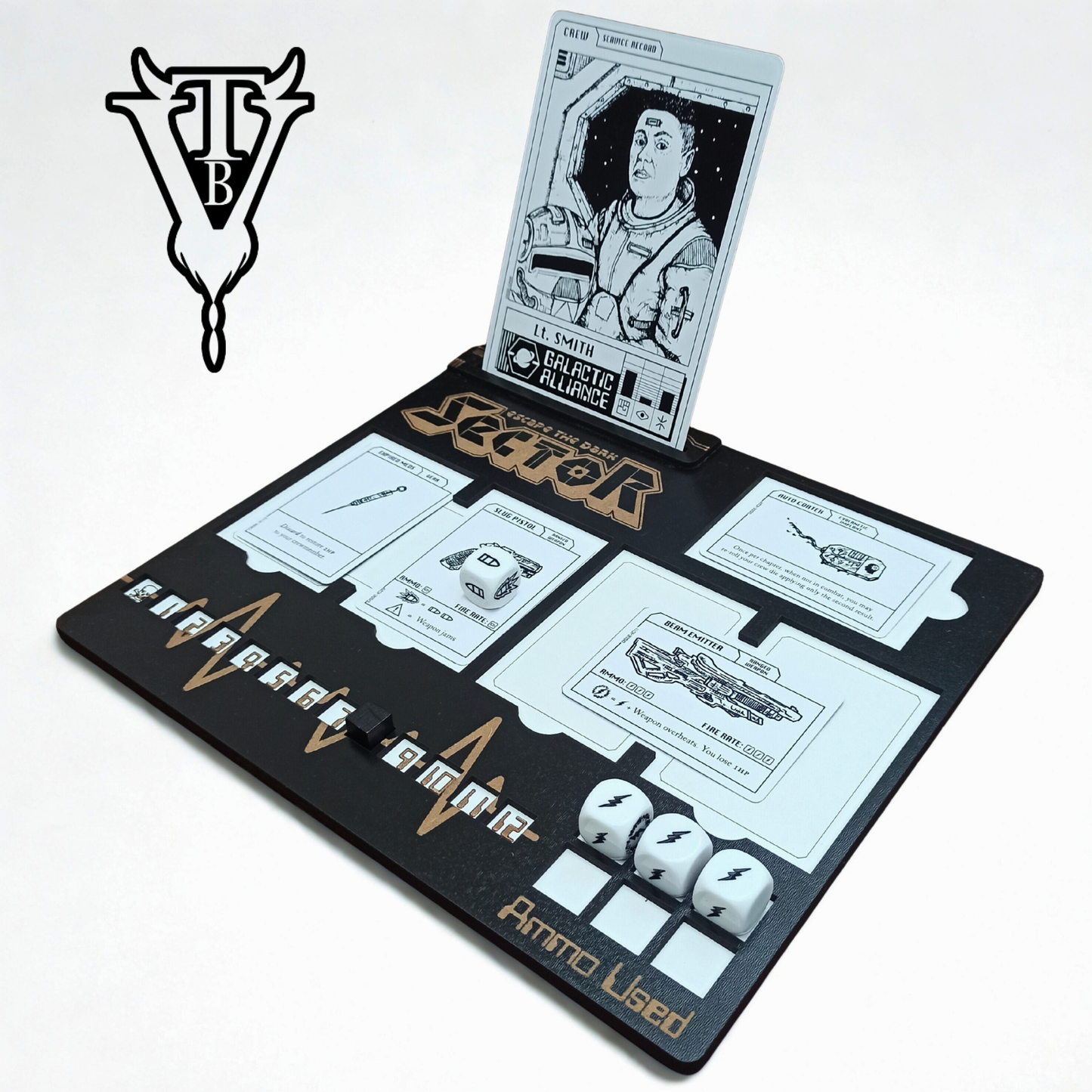 Escape The Dark Sector — Character Player Board & Card Organiser close up — The Board Viking