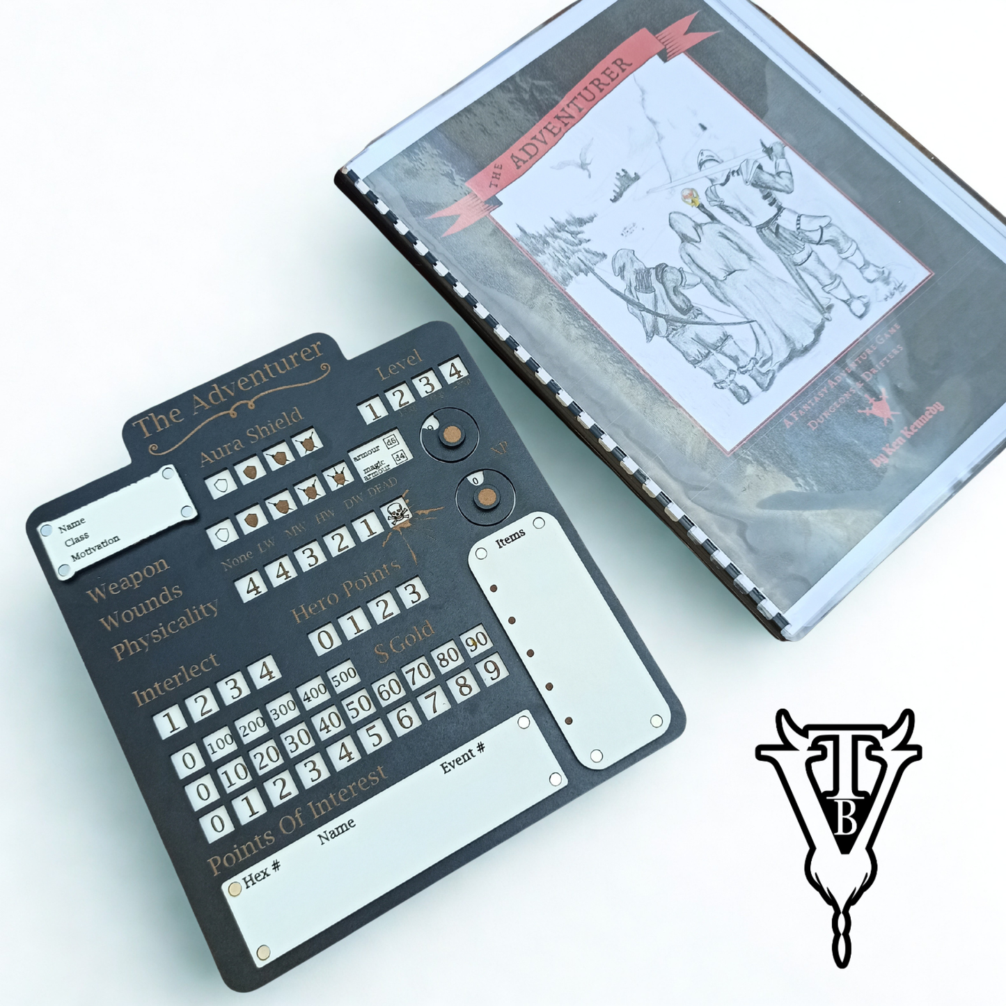 The Adventurer — Solo Hex Crawl RPG Character Player Board back view — The Board Viking